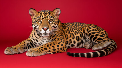 Naklejka premium majestic leopard resting on vibrant red background
