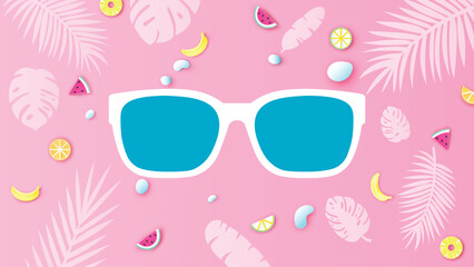 Blue sunglasses background decorated with watermelon, lemon, orange, pineapple, banana, monstera leaves and coconut leaves. paper cut and craft style. vector, illustration.