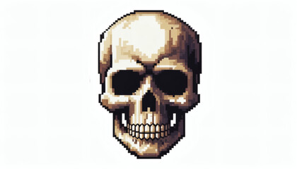 Obraz premium Retro Horror Pixel Skull with Dark, Empty Eyes – 8-Bit Spooky Pixel Art on White Background