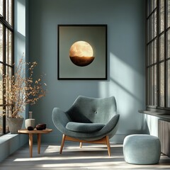 minimalist black frame mock up on pastel blue wall, modern design, isolated picture frame, empty poster frame for gallery display, 3D render
