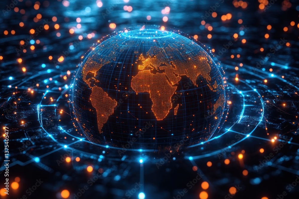 Aufkleber global connectivity and network visualization in cyberpunk style
