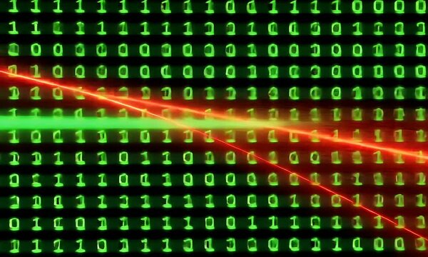 Binary code background with intersecting red and green laser beams