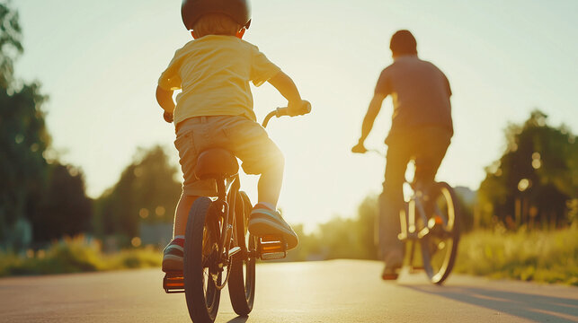 Golden Hour Ride: A heartwarming scene of a child and father enjoying a leisurely bicycle ride during the golden hour. Capturing the beauty of family time, exploration.