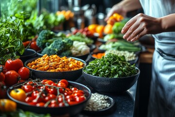 Obraz premium The kitchen table is lined with fresh vegetables, lean proteins and whole grains. Generative AI