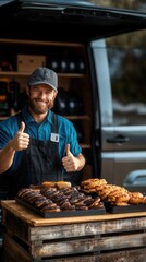 A cheerful male baker wea an apron gives a thumbs-up while proudly displaying his delicious pastries at an outdoor market from the back of his mobile food van.