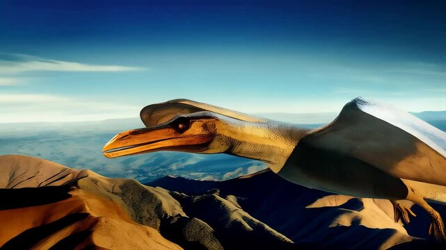 Majestic pterosaur soaring through a bright blue sky over stunning mountainous landscape