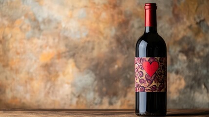 A decorative bottle of red wine featuring a heart on its label