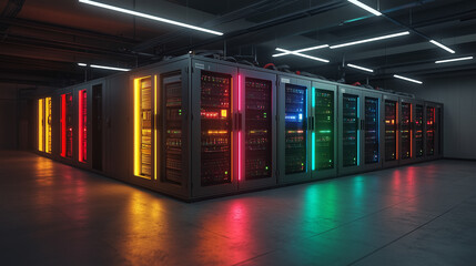 Modern data center with colorful server racks in a sleek environment during evening hours Generative AI