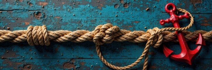 Fototapeta premium Distressed rope with anchors, vintage, nautical