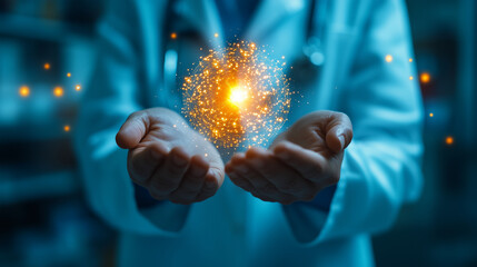 Doctor in white coat creates glowing energy sphere in hands in laboratory setting during night Generative AI