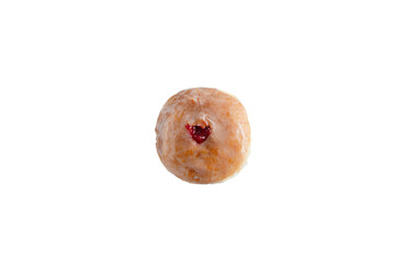 A top down view of a jelly filled donut, against a white background.