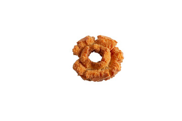 A top down view of a plain old-fashioned donut, against a white background.