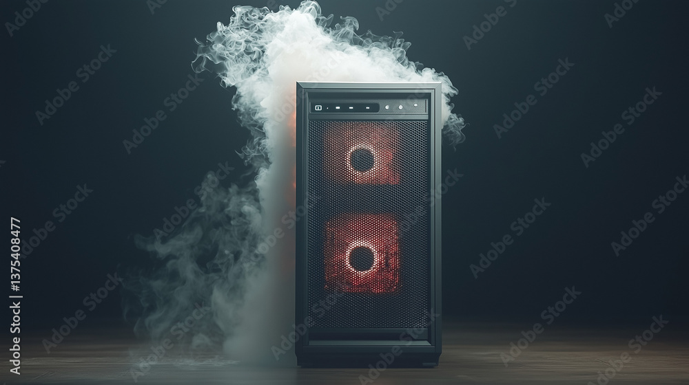 Poster server and smoke: a cutting-edge server unit shrouded in billowing smoke, hinting at the power and c