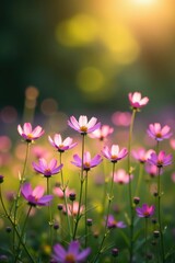 Fototapeta premium A Field of Delicate Pink Flowers Bathed in Golden Sunlight, a Serene and Tranquil Natural Scene of Blooming Beauty