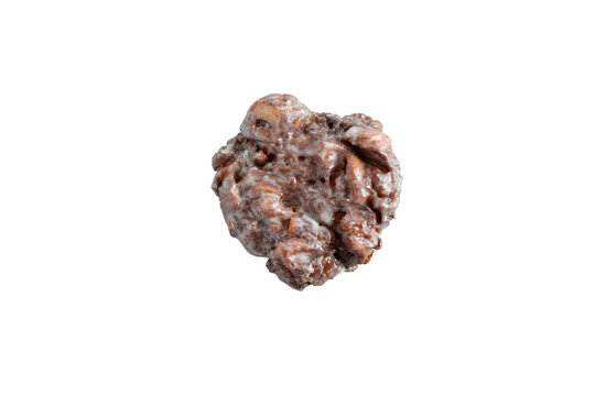 A top down view of an apple fritter donut, against a white background.