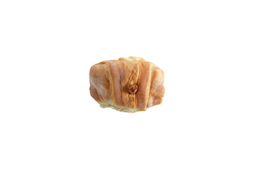 A top down view of a sausage egg croissant, against a white background.