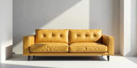 A Modern Mustard Yellow Leather Sofa in a Sunlit Room with Minimalist Decor