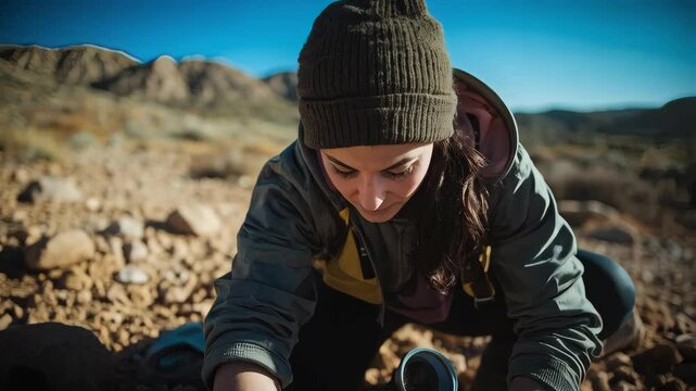 Scientific exploration in a rocky desert environment with a researcher studying geology and fossils at midday