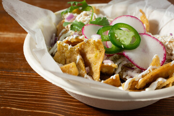 A view of a bowl of chilaquiles.