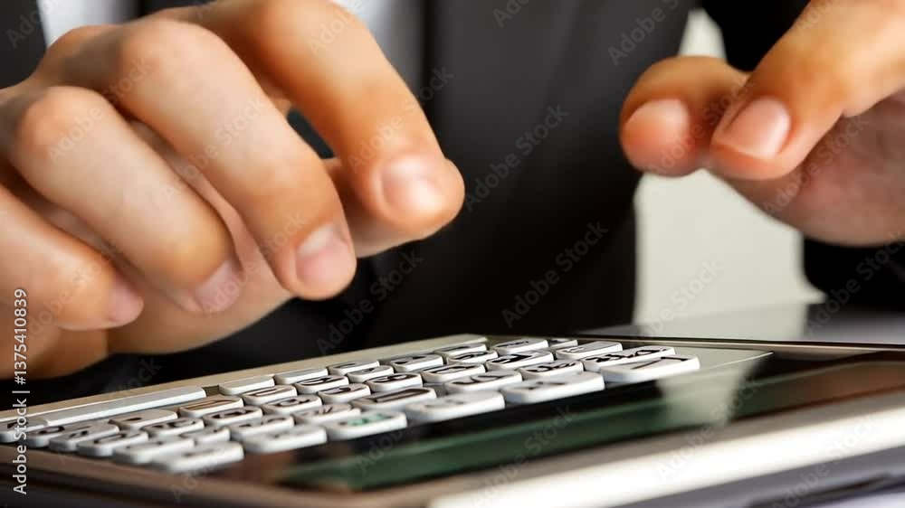 Poster man using calculator app on tablet for financial analysis and data calculation