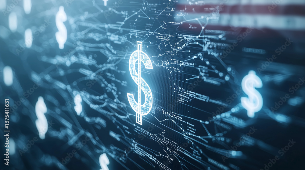 Poster digital dollar: a stylized view of dollar signs floating amidst a network of intricate lines, evokin