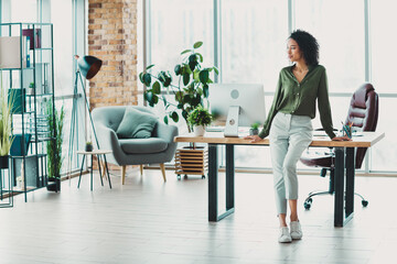 Chic young professional woman in modern sunny office with stylish decor and vibrant plants