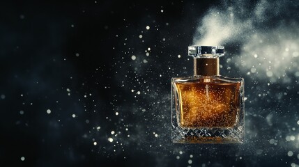 A bottle of perfume being sprayed against a black background.