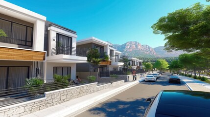 Modern townhouses row with cars, pedestrian walkway and mountain background.