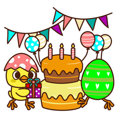Cute chicks in birthday party. Animal cartoon