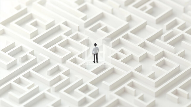 Navigating the Labyrinth: A tiny figure, representing an individual, bravely stands within a complex maze, with a metaphor of the challenges and decisions of life.