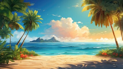 A vibrant tropical scene with a bright sun radiating light in a clear blue sky,