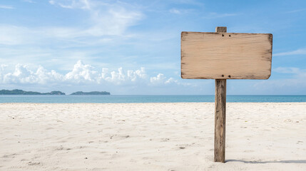 Message in Paradise: A rustic wooden sign stands poised on a sandy beach, with the shimmering turquoise sea and a vast azure sky. Inviting viewers to fill the blank space with their own story. 