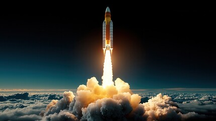 Powerful Rocket Launching Through Clouds Towards Space Exploration Adventure