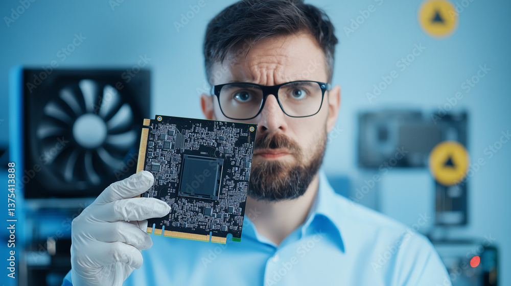 Poster tech expert examining circuit board: an inquisitive tech expert, clad in a lab coat, meticulously ex