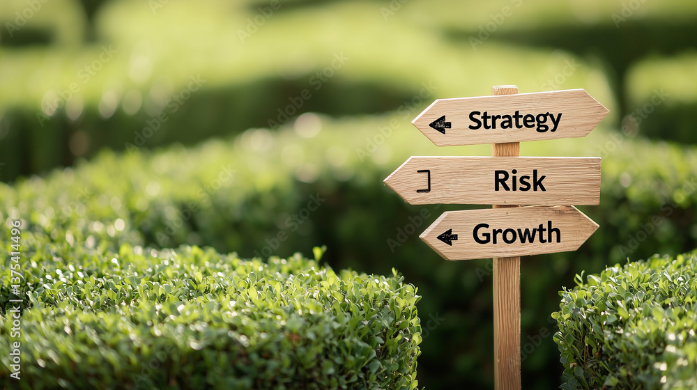 Poster navigating the labyrinth of choices: a signpost in a hedge maze offers three directions, symbolizing