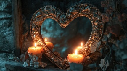 Obraz premium A heart shaped mirror surrounded by lit candles in low light