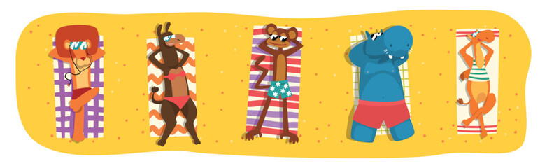 Wild Animal in Swimwear Sunbathing on the Beach Lying on Blanket Vector Set