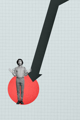 Exclusive image vertical collage of puzzled inexperienced businessman stand arrow decline...