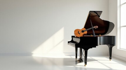 A black grand piano with an acoustic guitar resting on its open lid, bathed in sunlight in a minimalist white room