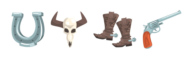 Cowboy Wild West Object with Skull, Boot, Pistol and Horseshoe Vector Set