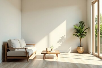 Sunlight Illuminates a Minimalist Living Room Featuring a Light-Colored Sofa and a Wooden Coffee Table, Accented by Indoor Plants