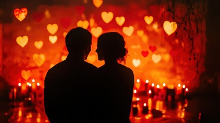 A loving couple standing together under a romantic heartshaped glow