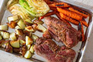 A top down view of an Irish corned beef entree.