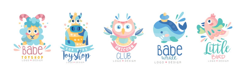 Baby Toy Shop Logo Design with Animal Vector Set