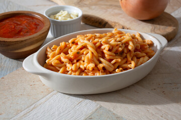 A view of a cooked gluten-free gemelli pasta dish.
