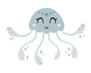 Cute jellyfish, isolated cartoon sea character. Ocean animal hand drawn vector illustration in flat style