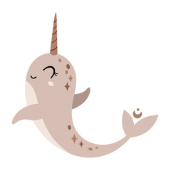 Cute narwhal, isolated cartoon sea character. Ocean animal hand drawn vector illustration in flat style