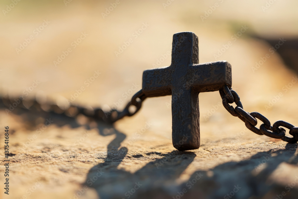 Poster rustic iron cross on chain against natural background with soft light and shadows