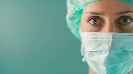 Close up of a female doctor wearing a surgical mask, Portrait of a healthcare professional in a mask