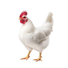 A white chicken with a prominent red comb stands confidently, showcasing its plump body and vibrant feathers.